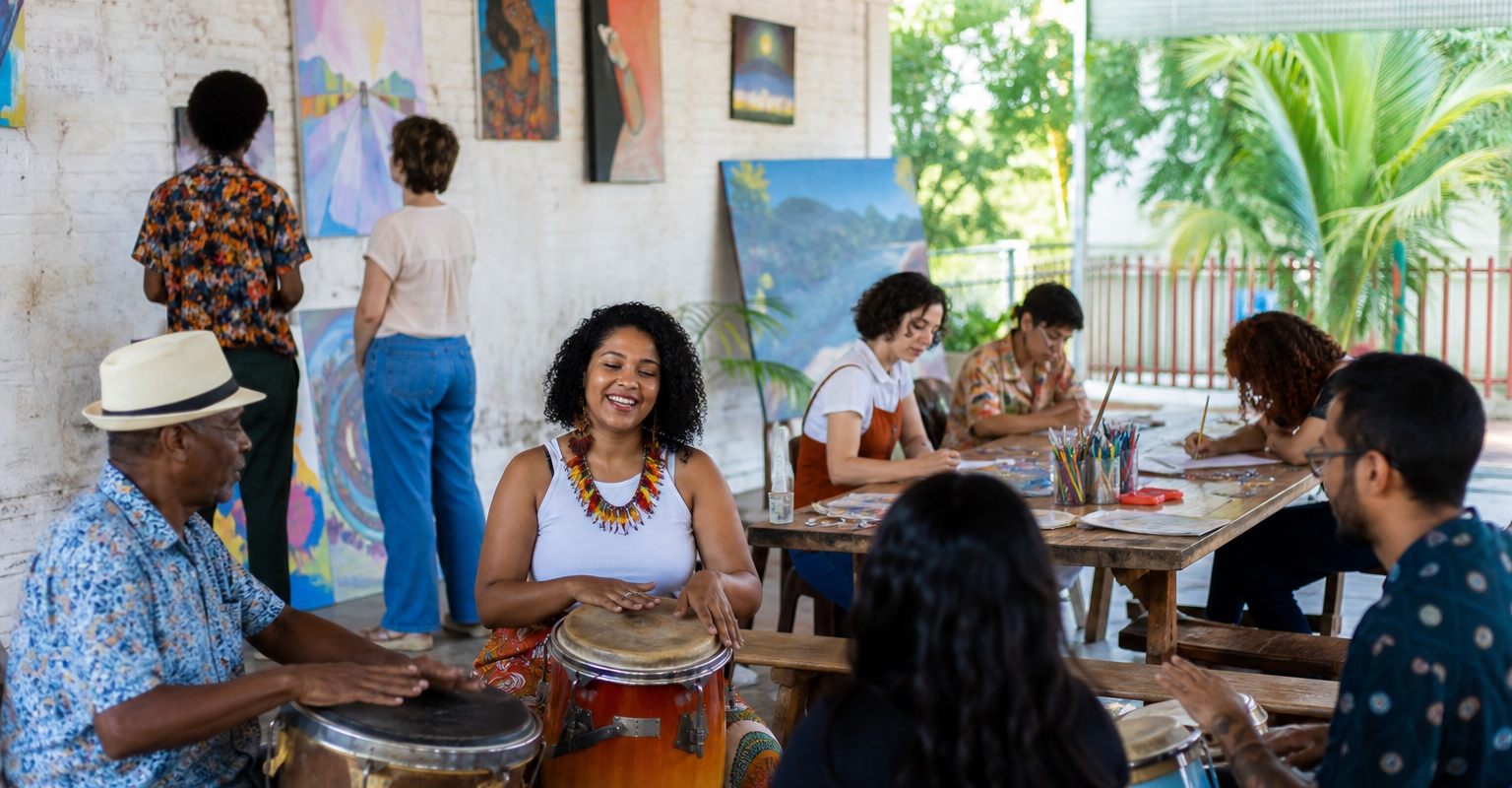 Artistas e agentes culturais reunidos em espaço comunitário de Três Lagoas durante atividade cultural