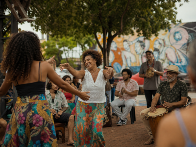 Atividade cultural comunitária em espaço público de Três Lagoas, com artistas e moradores reunidos
