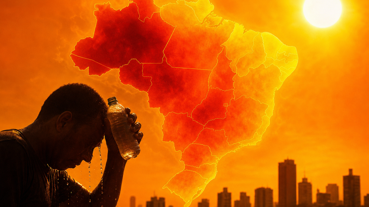 Mapa climático abstrato do Brasil sob forte calor, com áreas em tons de vermelho e laranja, sem textos, números, letras ou logotipos.