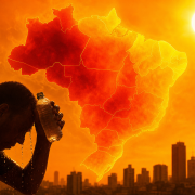 Mapa climático abstrato do Brasil sob forte calor, com áreas em tons de vermelho e laranja, sem textos, números, letras ou logotipos.