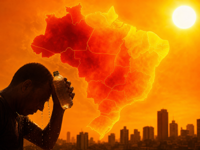 Mapa climático abstrato do Brasil sob forte calor, com áreas em tons de vermelho e laranja, sem textos, números, letras ou logotipos.