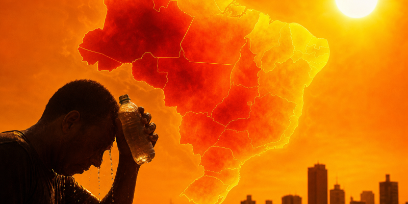 Mapa climático abstrato do Brasil sob forte calor, com áreas em tons de vermelho e laranja, sem textos, números, letras ou logotipos.